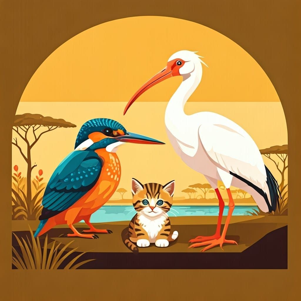 Birds and Kitten in Vibrant Savannah Landscape