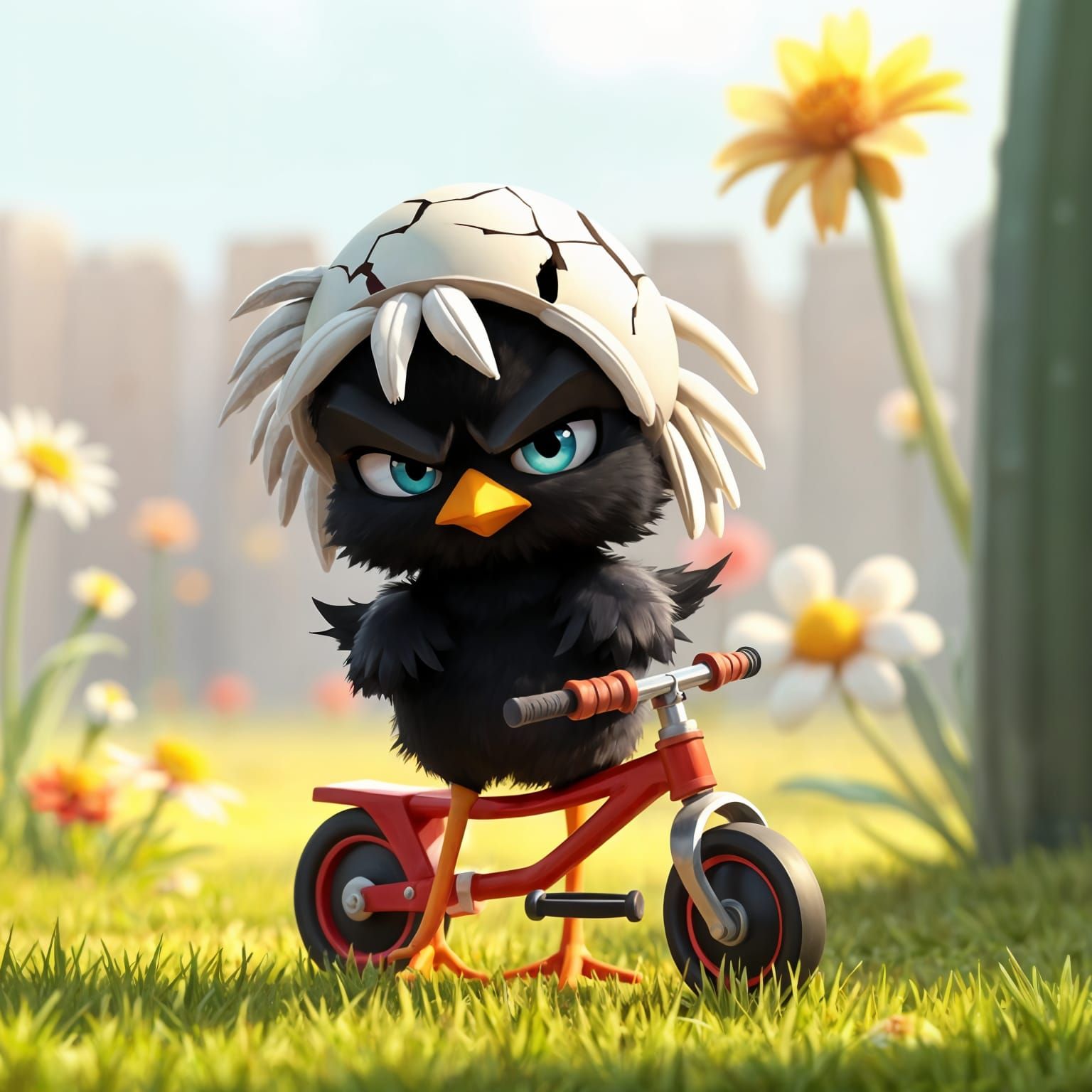 Grumpy Chick with Eggshell Helmet on Tricycle