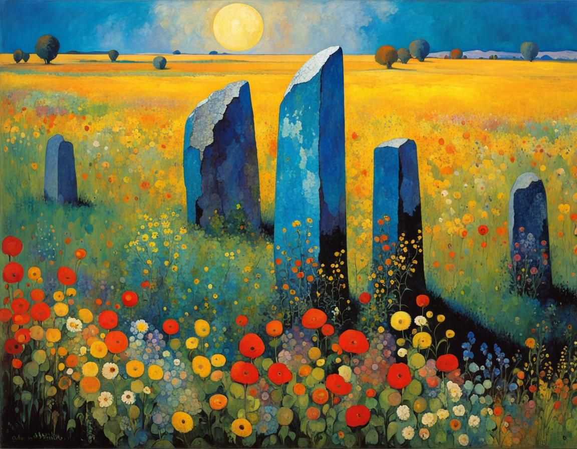 Wildflower Field with Standing Stones in Cosmati Mosaic Styl...