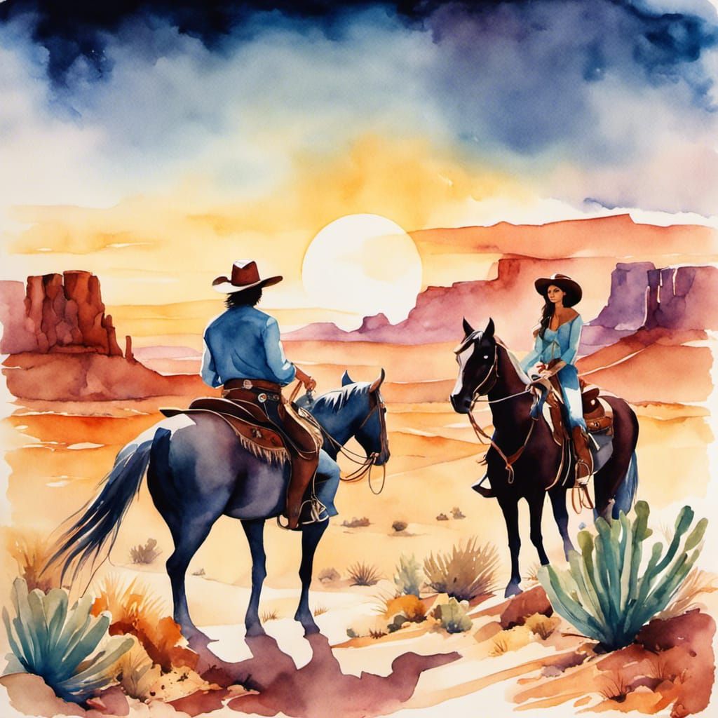 Cowboy and Cowgirl's Desert Journey: Watercolor Illustration
