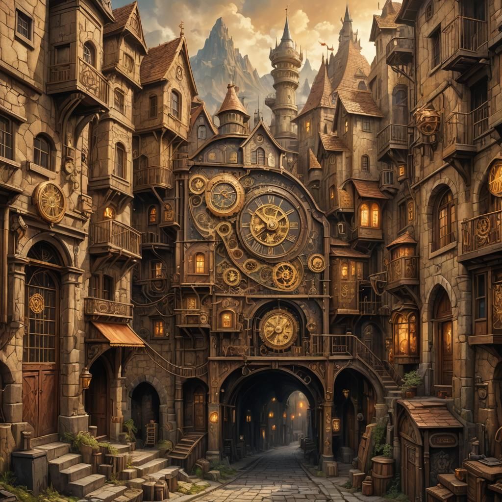 Steampunk Street Art in Medieval Fantasy Town