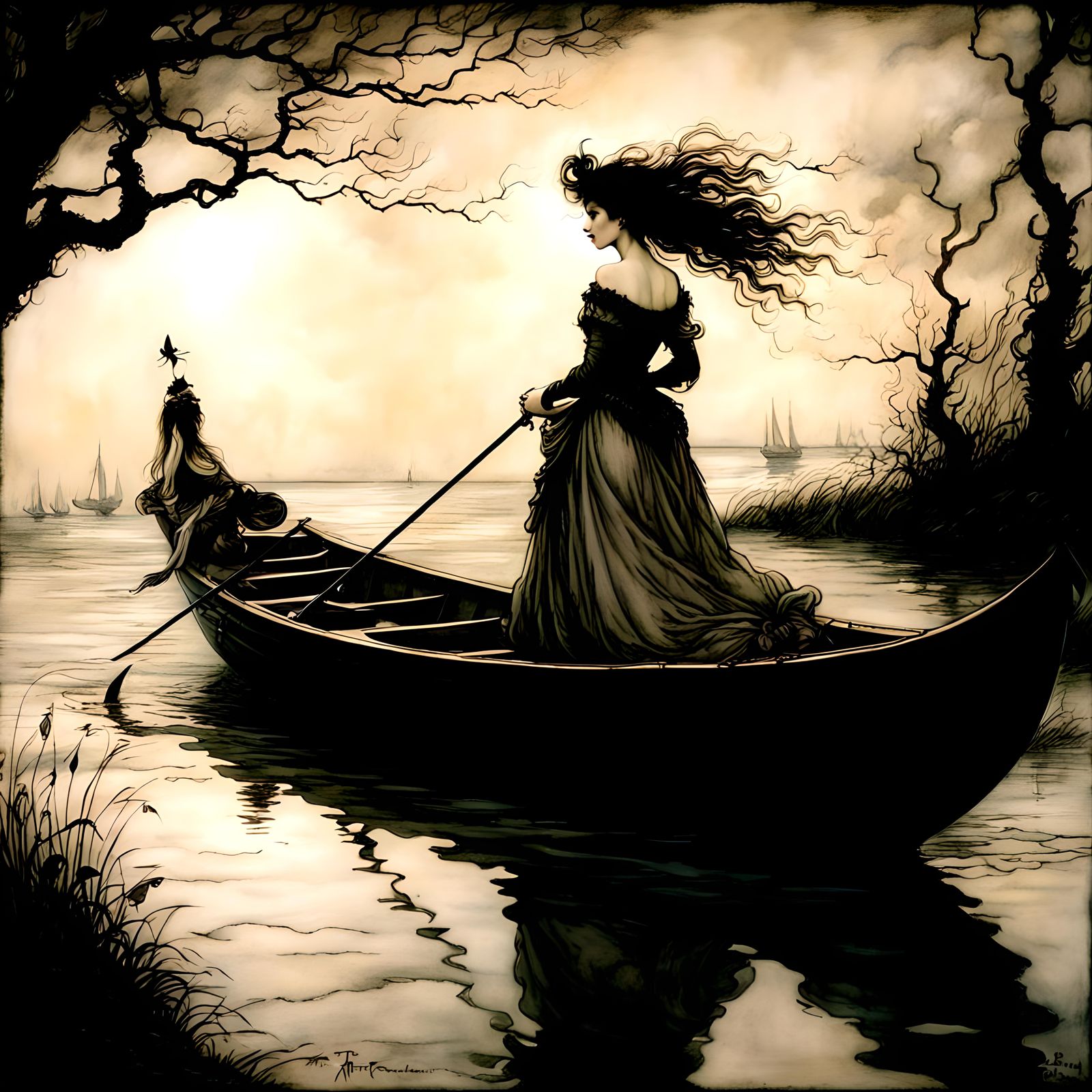 Woman in boat By arthur rackham, by tim  burton