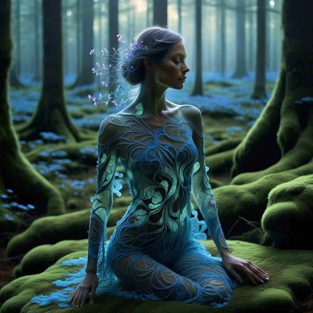 Bioluminescent Woman Emerges in Forest Clearing