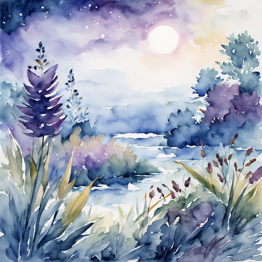Serene Watercolor Summer Night Landscape