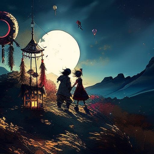 Children Climbing Dreamcatcher in Moonlit Sky, Watercolor Ar...