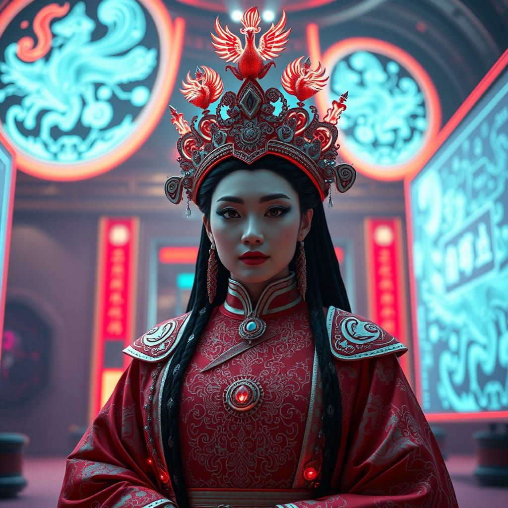 Futuristic Queen with Cybernetic Enhancements in Neon Hall