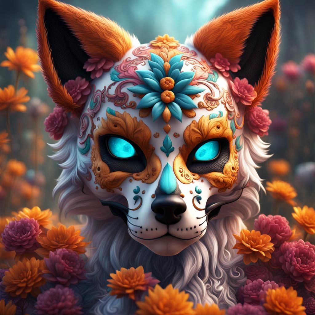 Detailed Sugar Skull Fox: Fantasy Concept Art