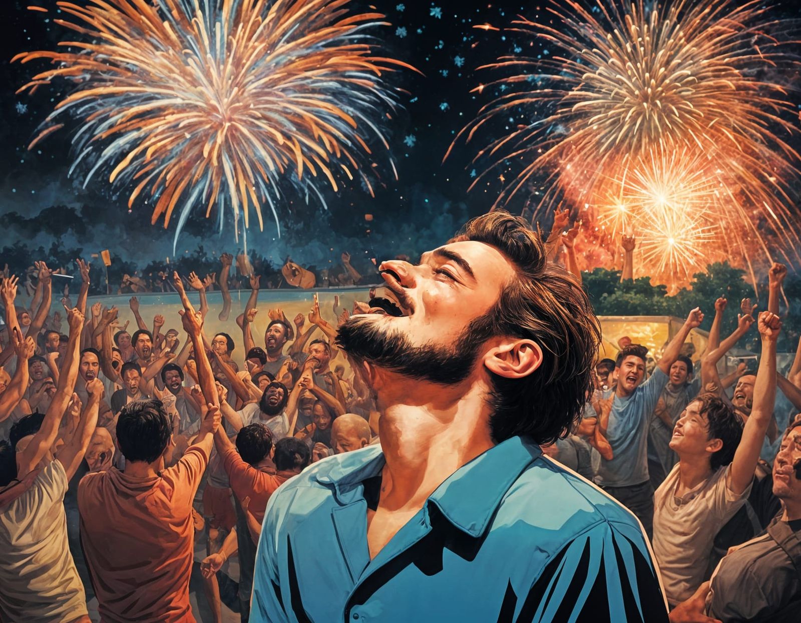 Contrasting Despair and Joy in Vibrant Fireworks Scene