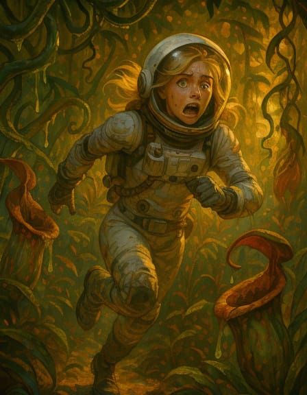 Astronaut's Escape Through Alien Jungle in Hyper-Realism