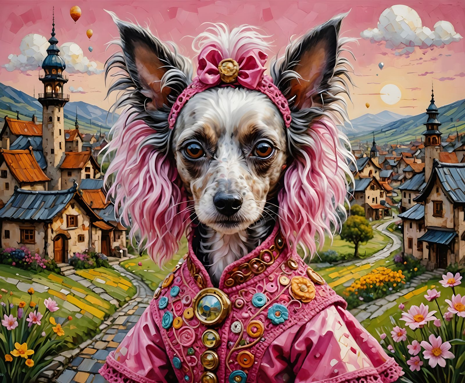 Steampunk Chinese Crested Dog in Pink Dress