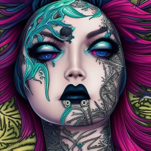 Photorealistic Goth Woman Swimming in Ocean