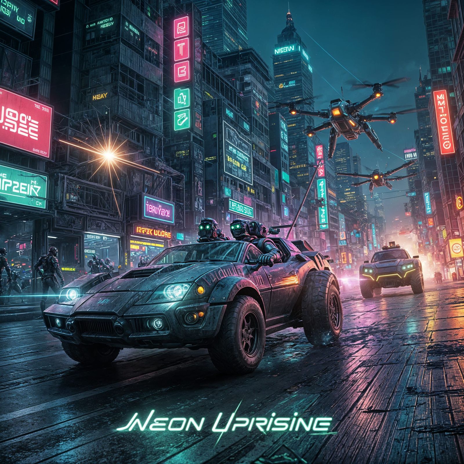 Cyberpunk Rebels Race Through Neon City at Night