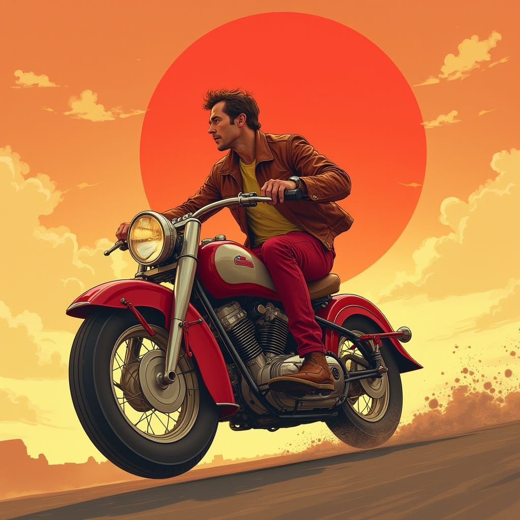 Red and Beige Biker Speeds Off into a Warm Sunset