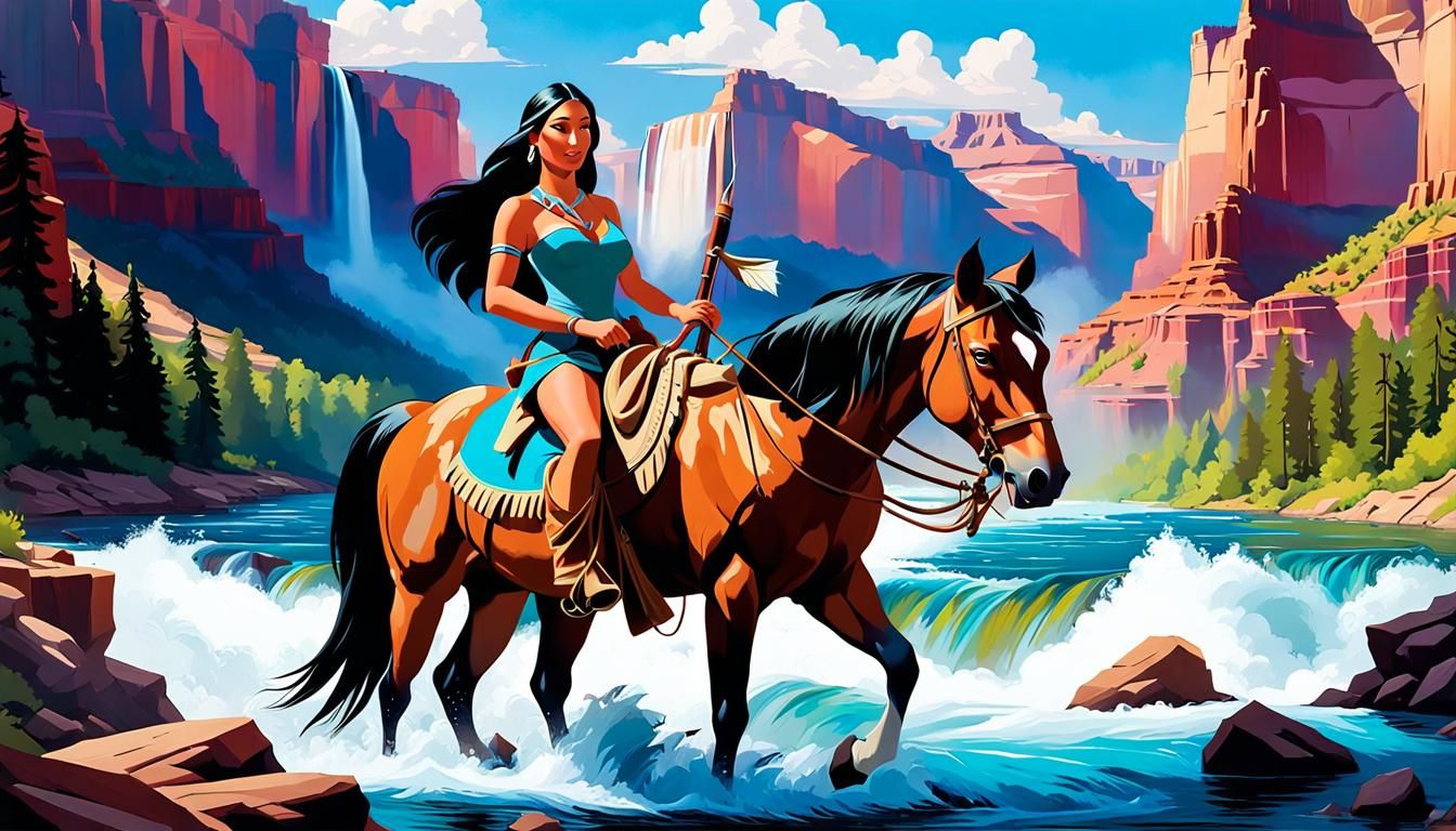 Pocahontas Rides Horse Through Grand Canyon in Graffiti Art