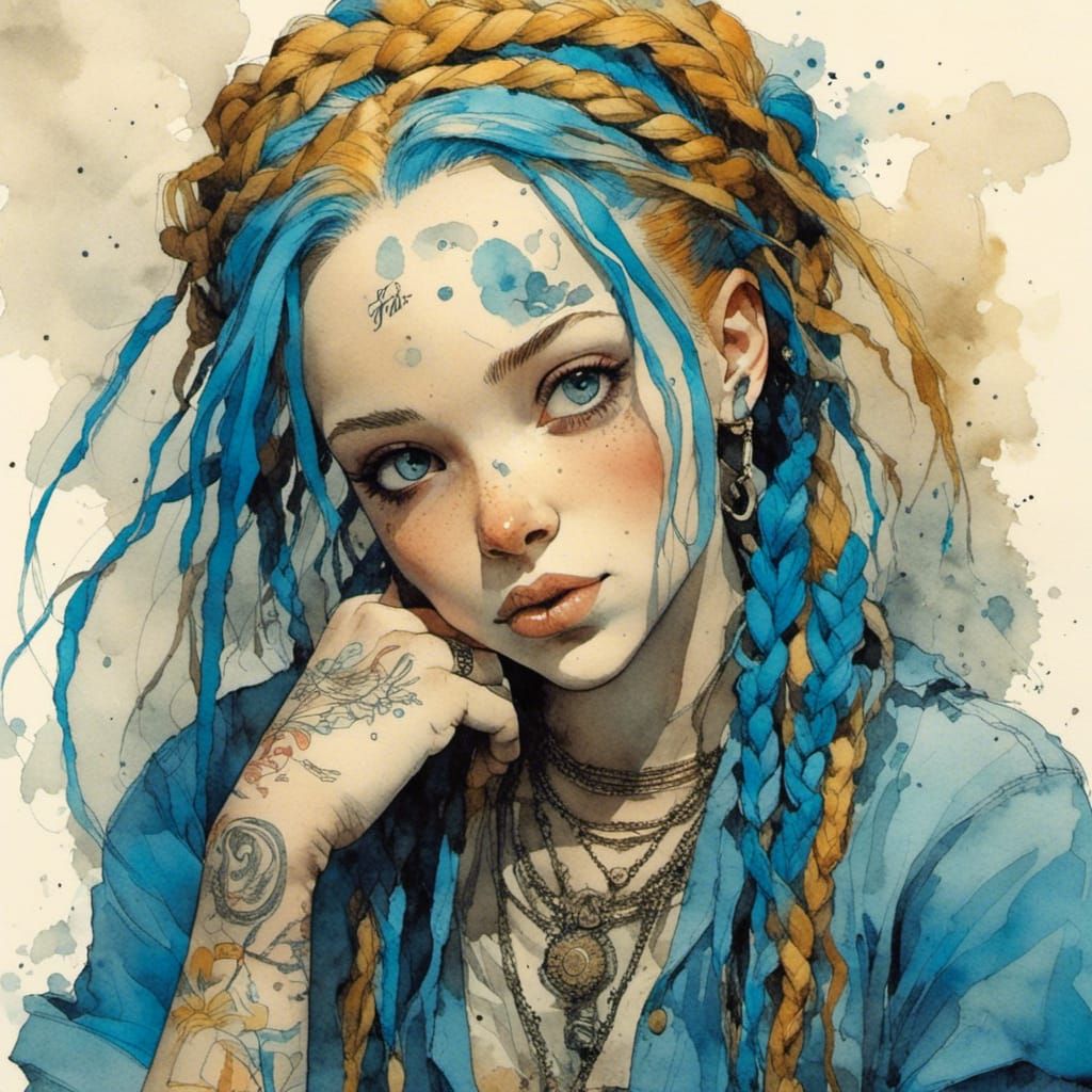 Golden Blue Girl with Braids in Comic Style