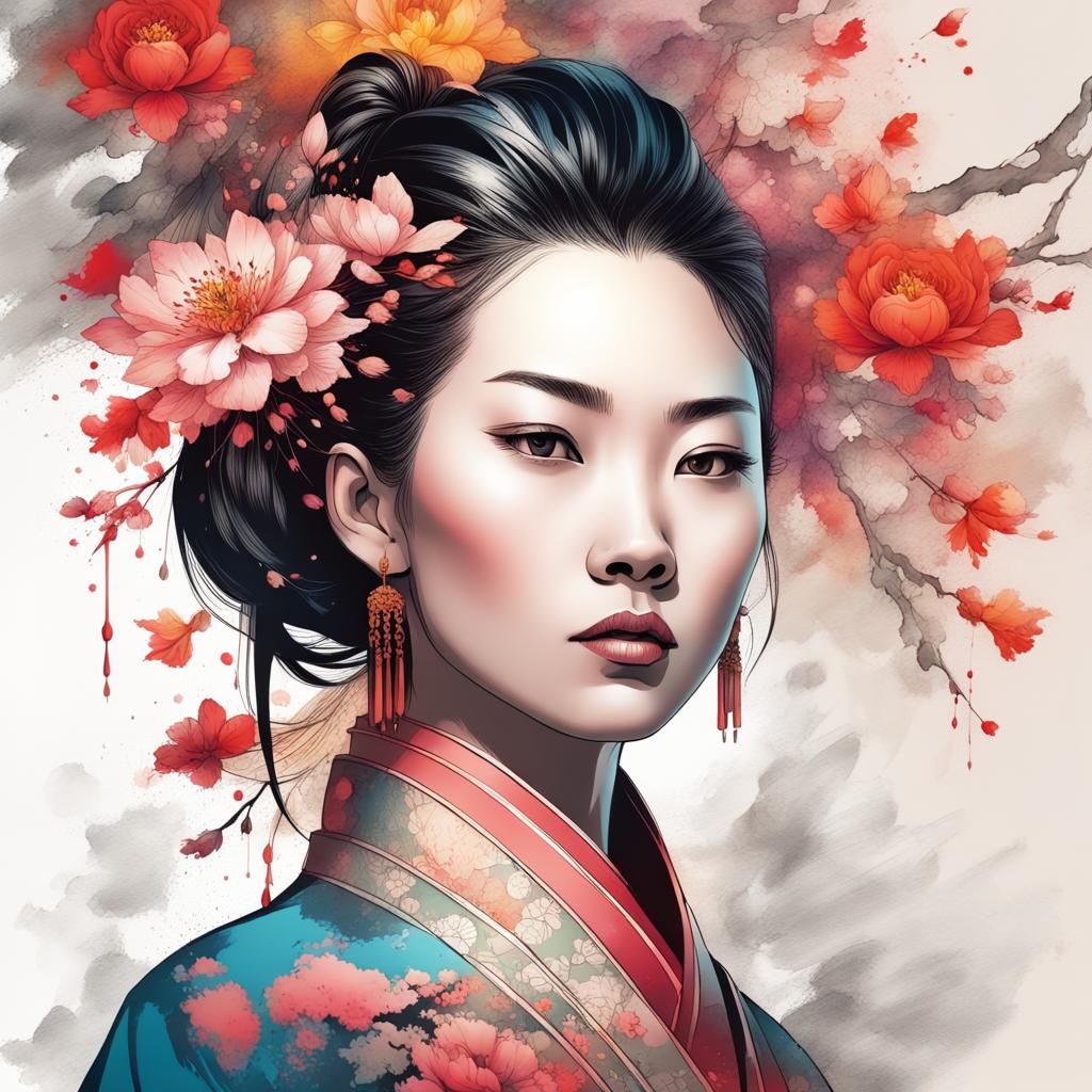 Chinese Princess Portrait in Japanese Ink Style