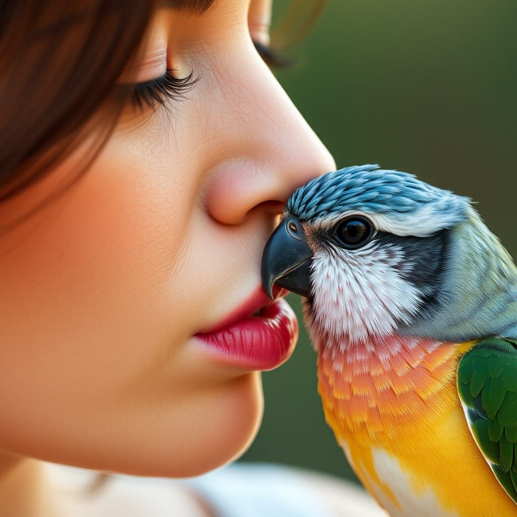 Woman's Tender Kiss with a Bird