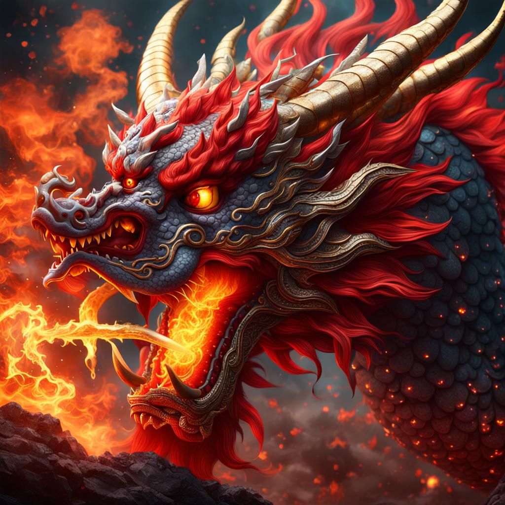 Fiery Red Dragon with Gems: Fantasy Concept Art