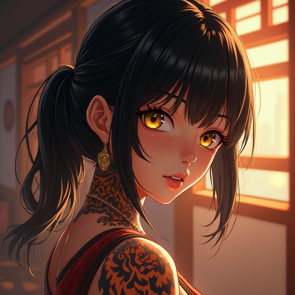 Anime Girl in Tokyo Revengers Style with Tiger Tattoo and Go...