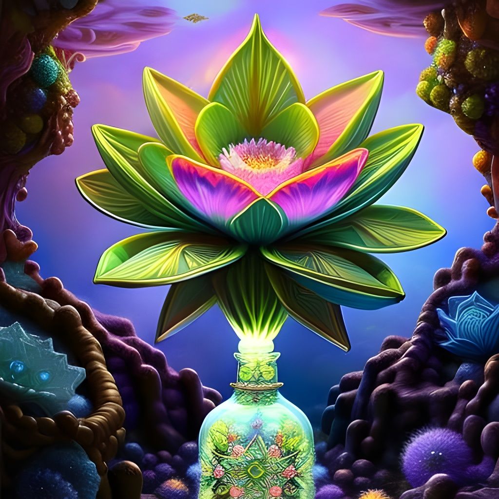 Glowing Lotus in Crystal Bottle: Hyperdetailed Fantasy Art