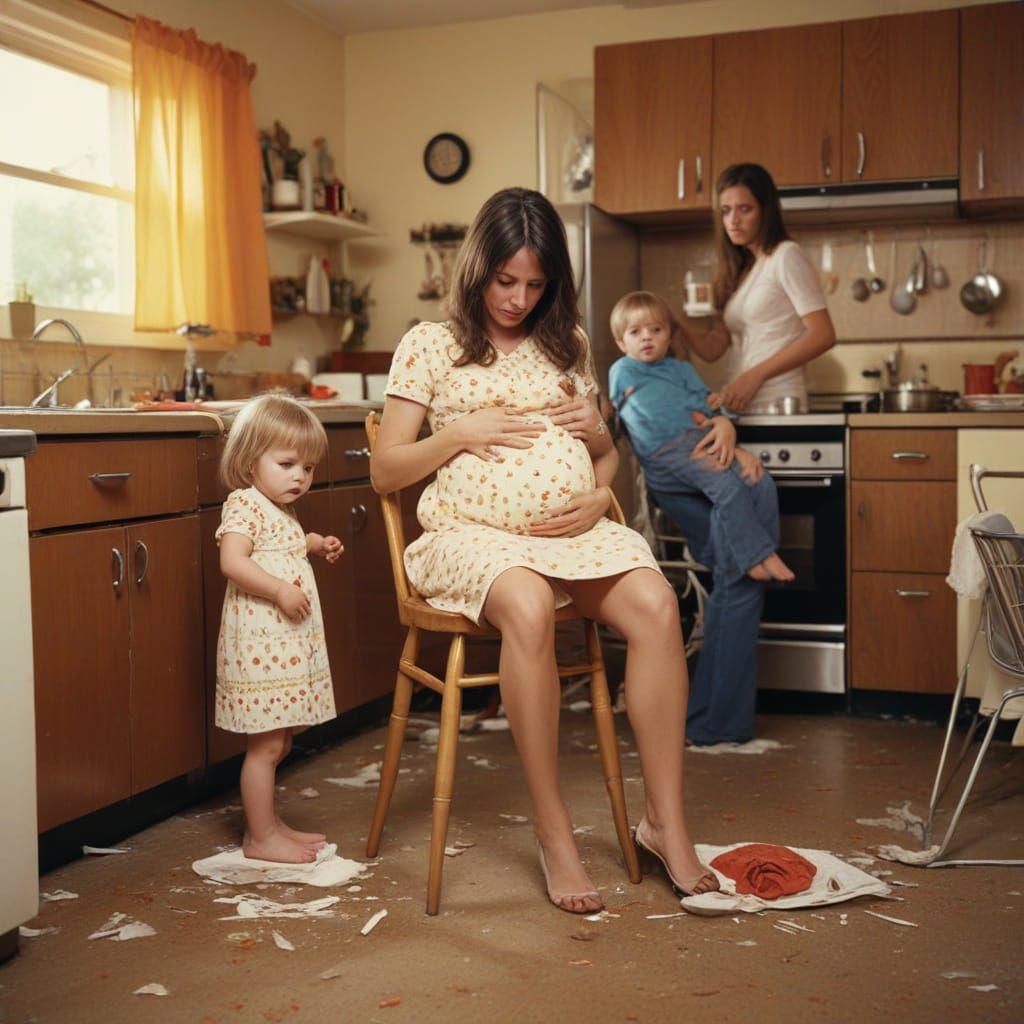 Tired 1970s Homemaker Surrounded by Chaos