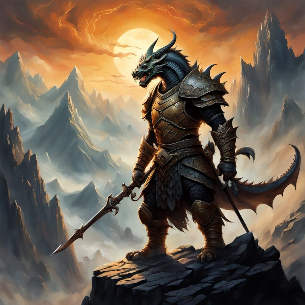 Dragonborn Warrior on Mountain Peak in Fantasy Illustration