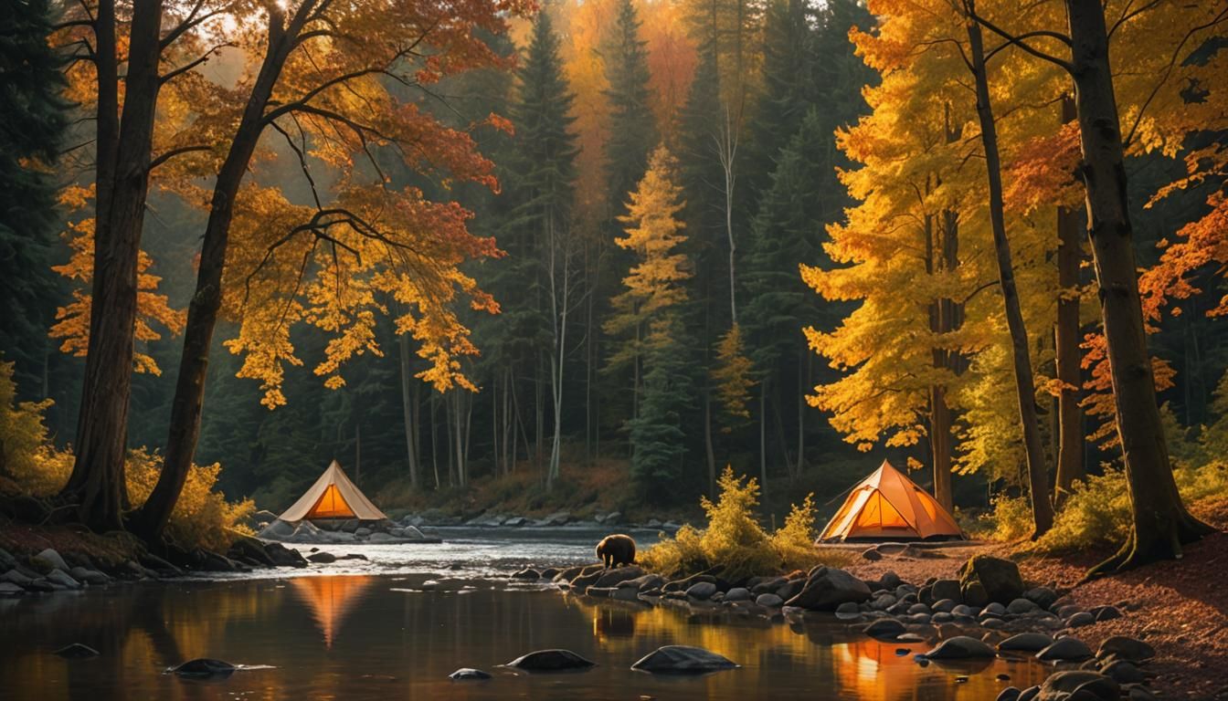 Autumnal Camping Scene with Bears