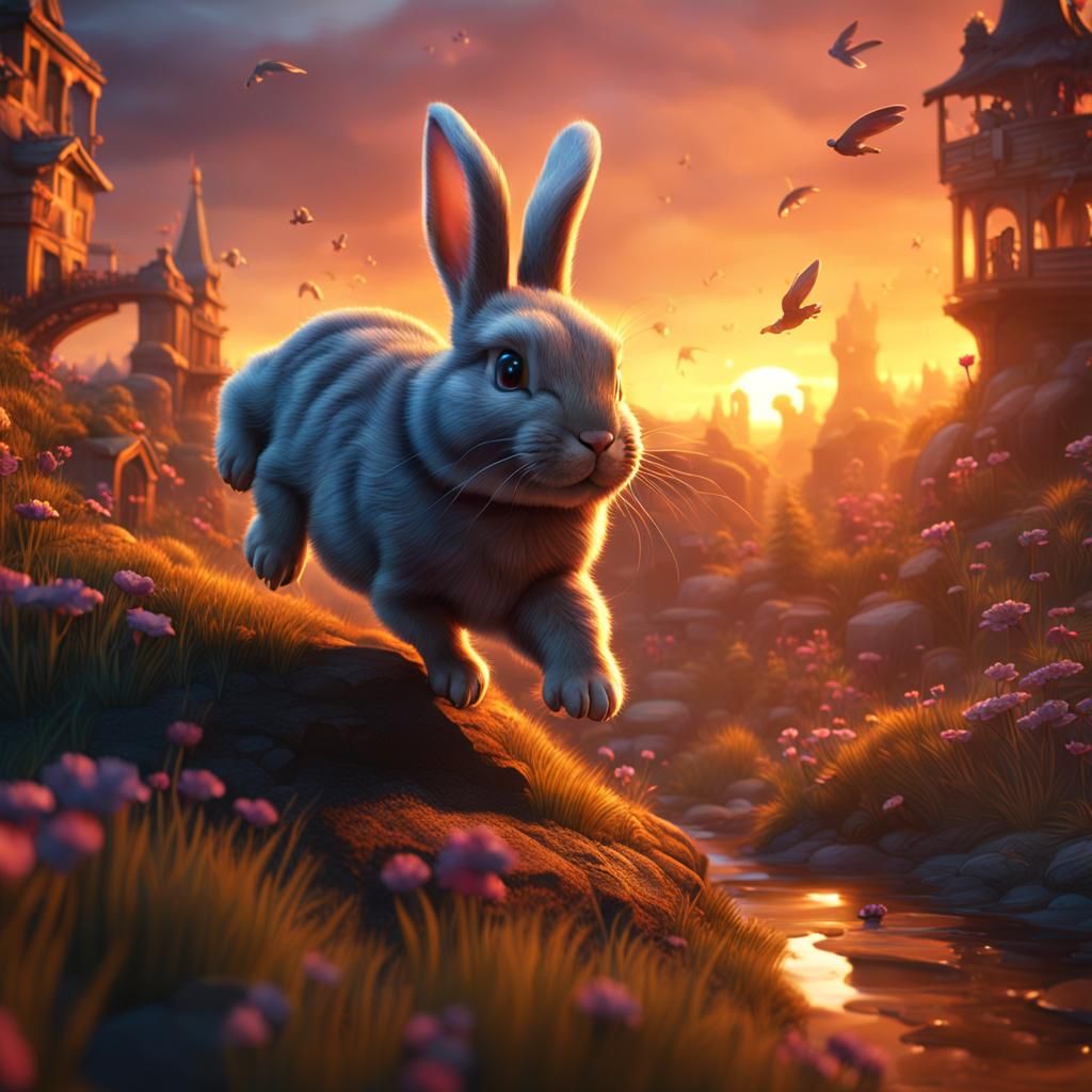 Bunny Hopping Over Sunset: Detailed Fantasy Concept Art