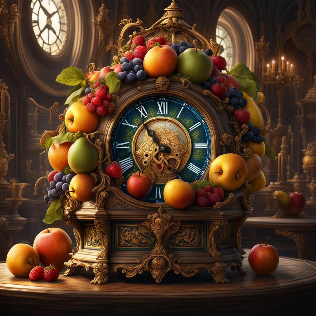 n artwork featuring a fruit arrangement within an ornate, antique clock, where the fruits occupy the chambers and mechan...