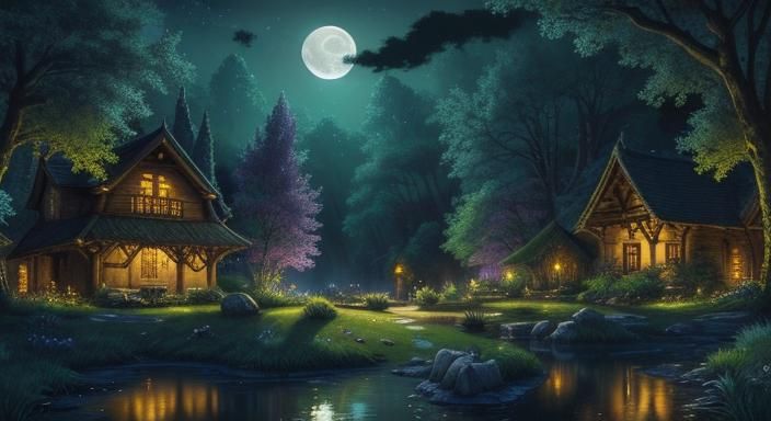 Enchanting Moonlit Village Amongst Ancient Trees