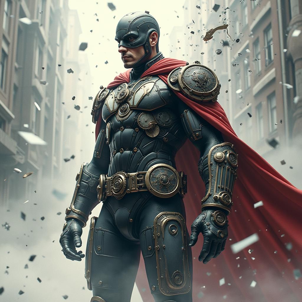 Clockwork Superhero Amidst Distorted Time