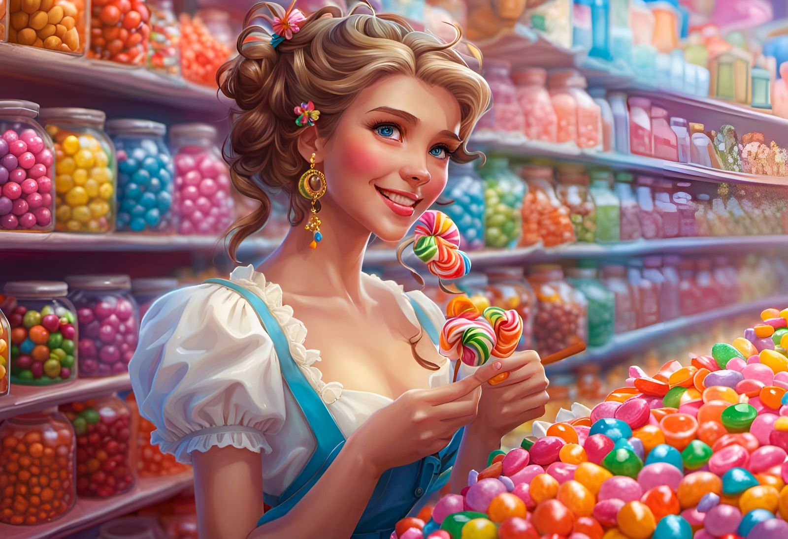 Smiling Candy Clerk in Colorful Candy Shop
