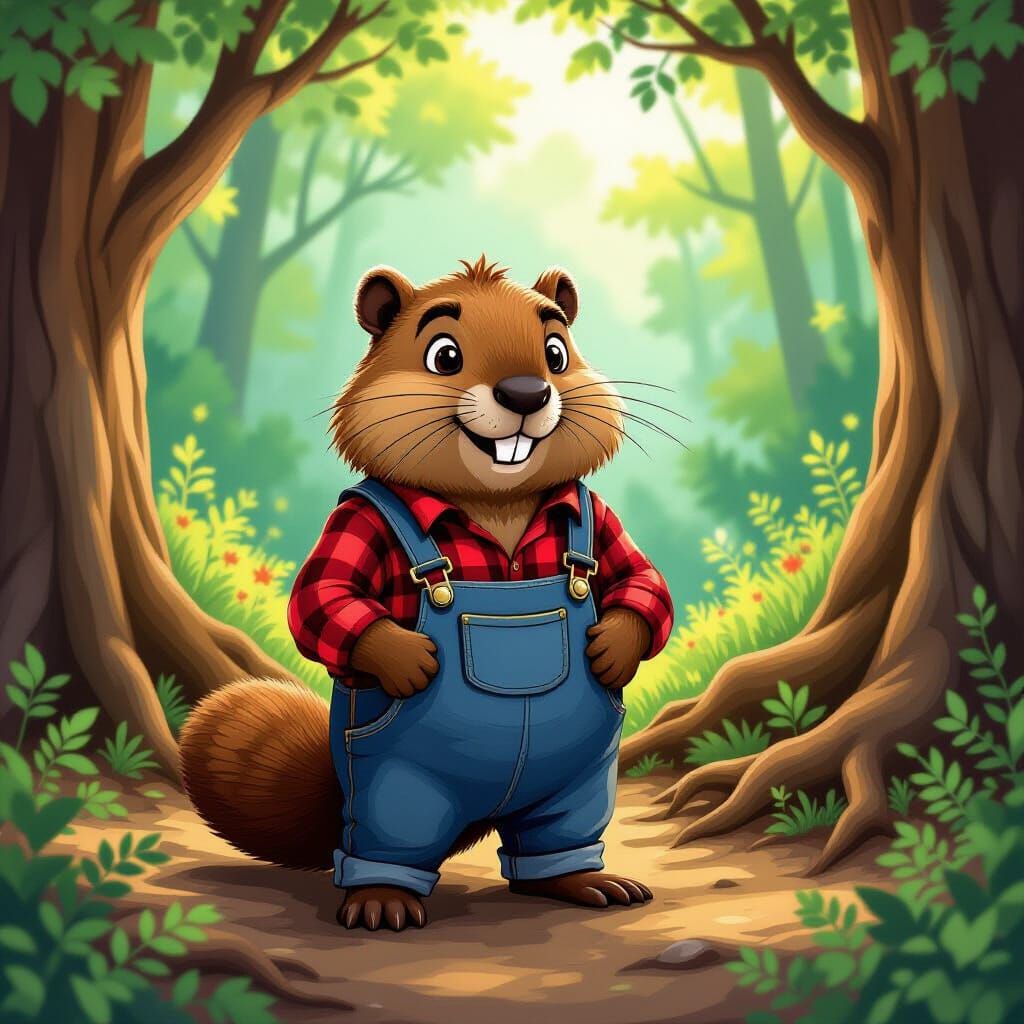 Cozy Beaver in Lush Forest, Dreamlike Illustration