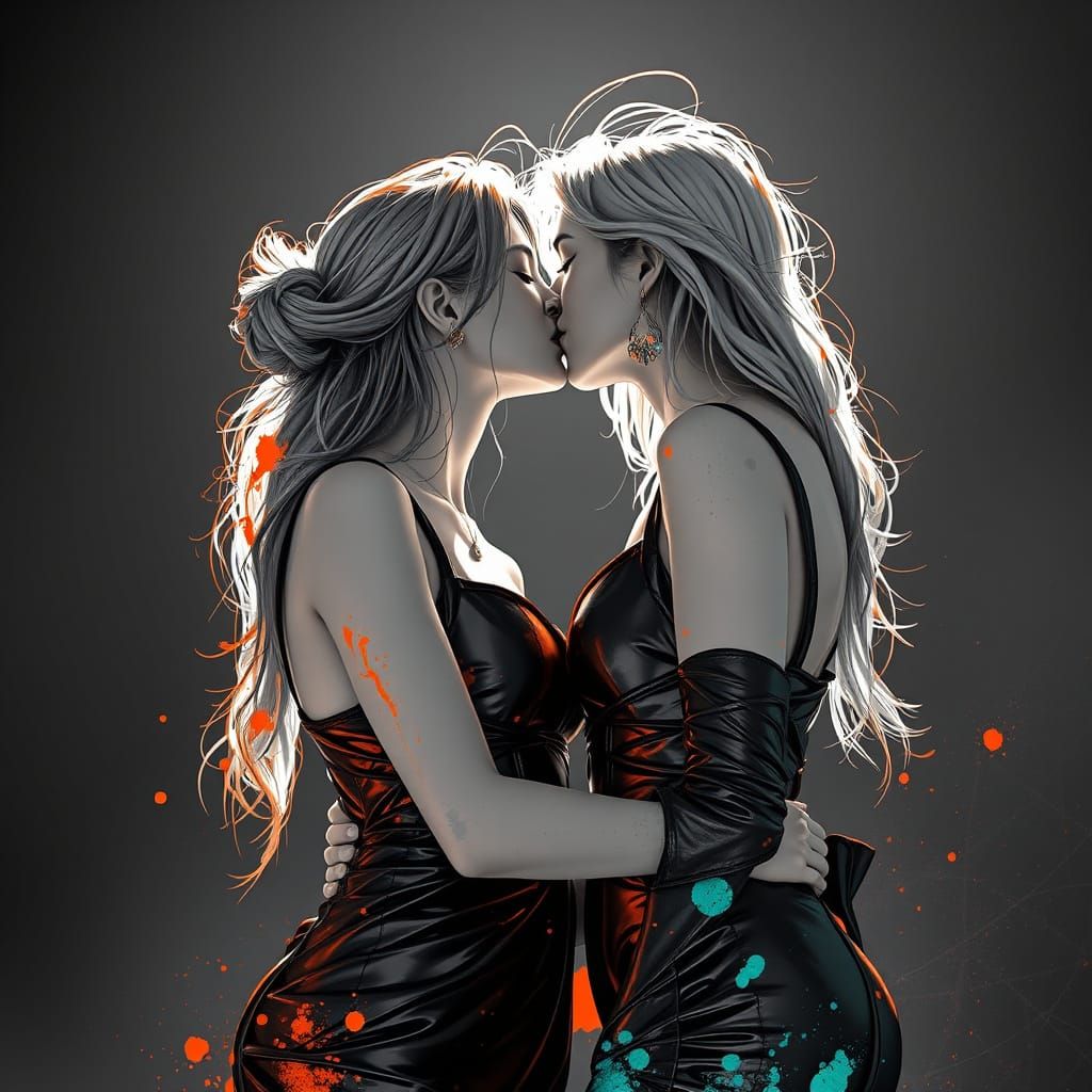 Ethereal Black and White Kissing Couple in Leather Gowns