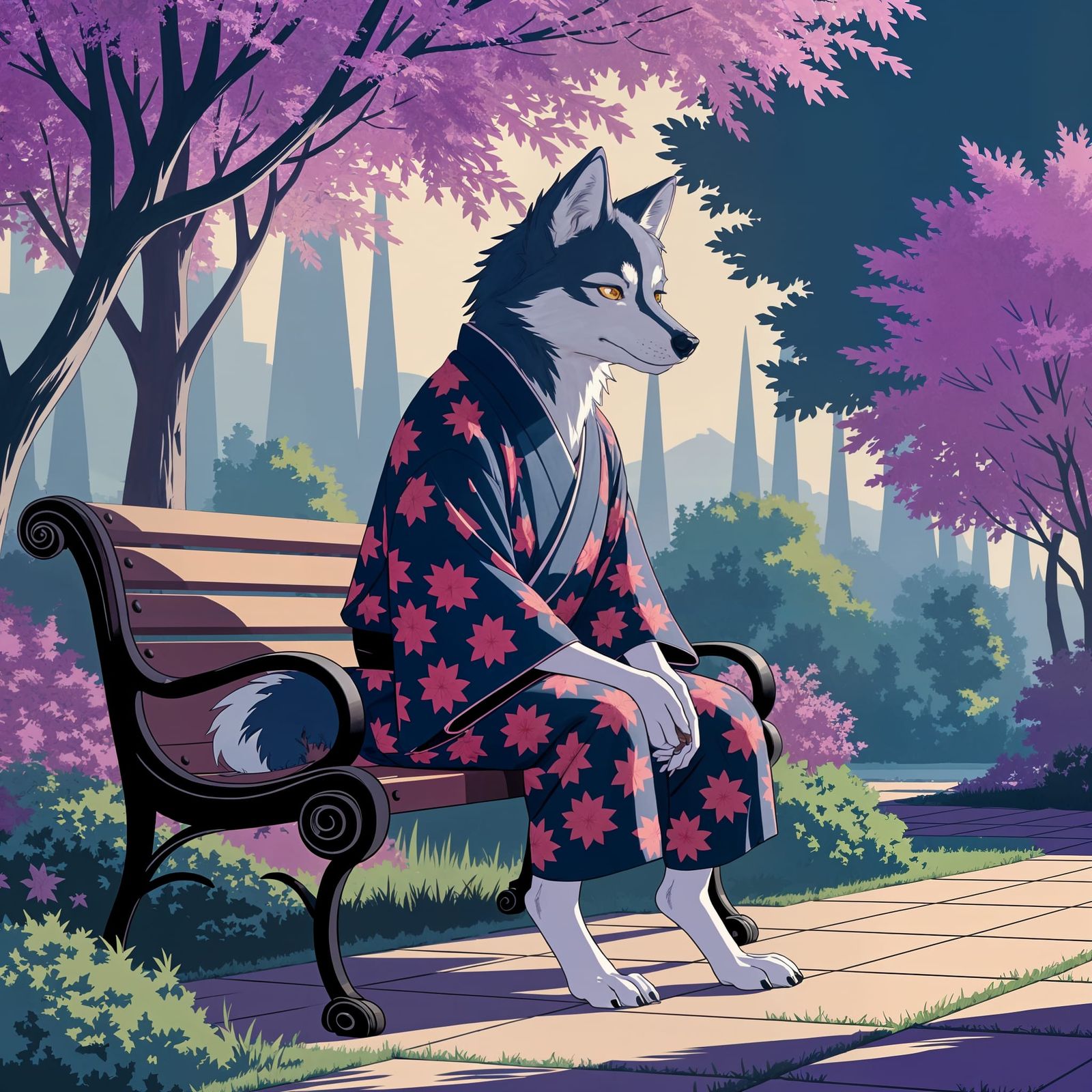 Anime Wolf in Zen Garden with Kimono