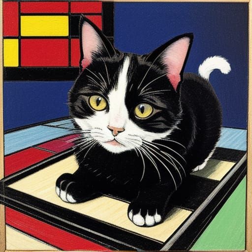 Vibrant Woodblock Feline Artwork in Geometric Style