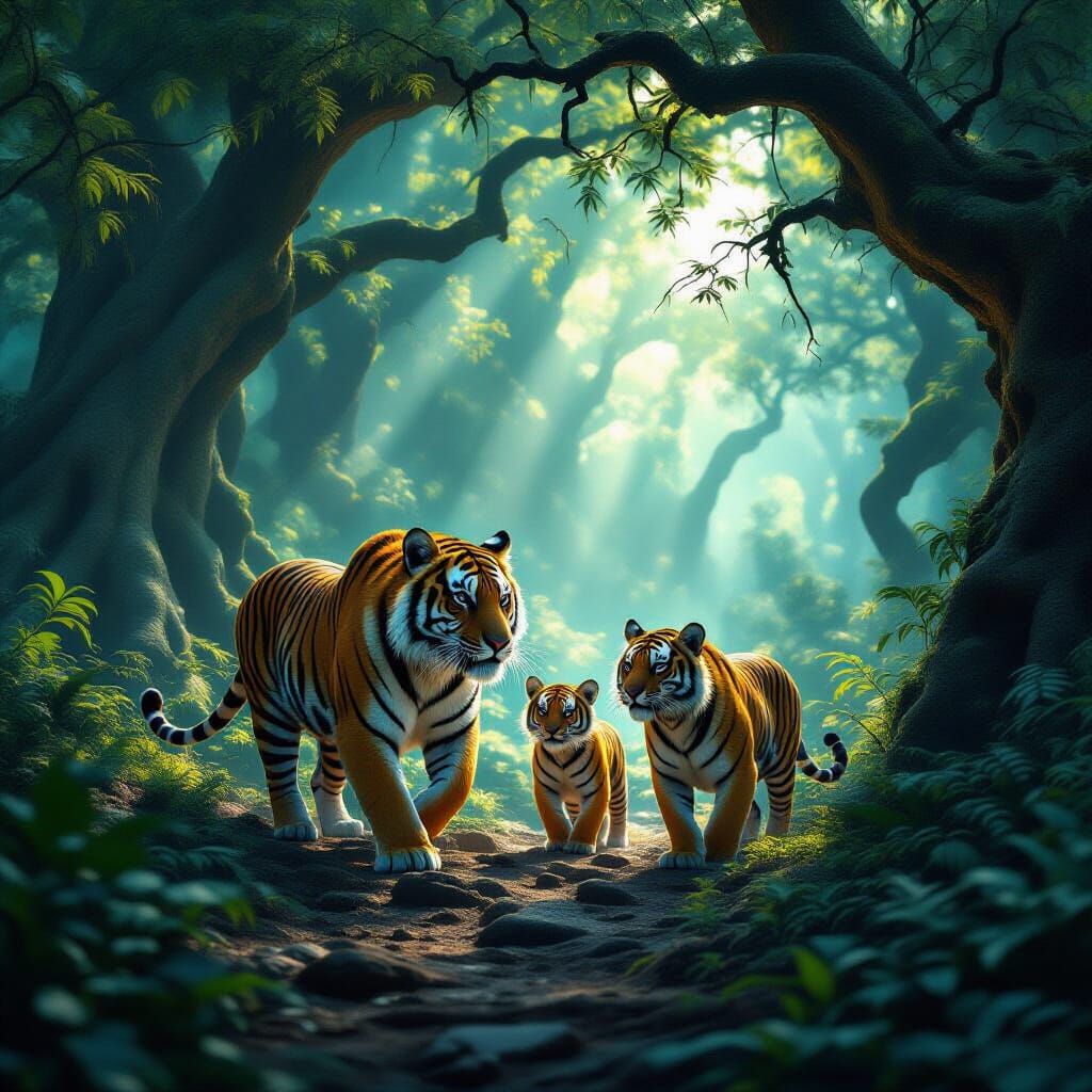 Tiger Family's Epic Journey in a Mystical Glowing Forest