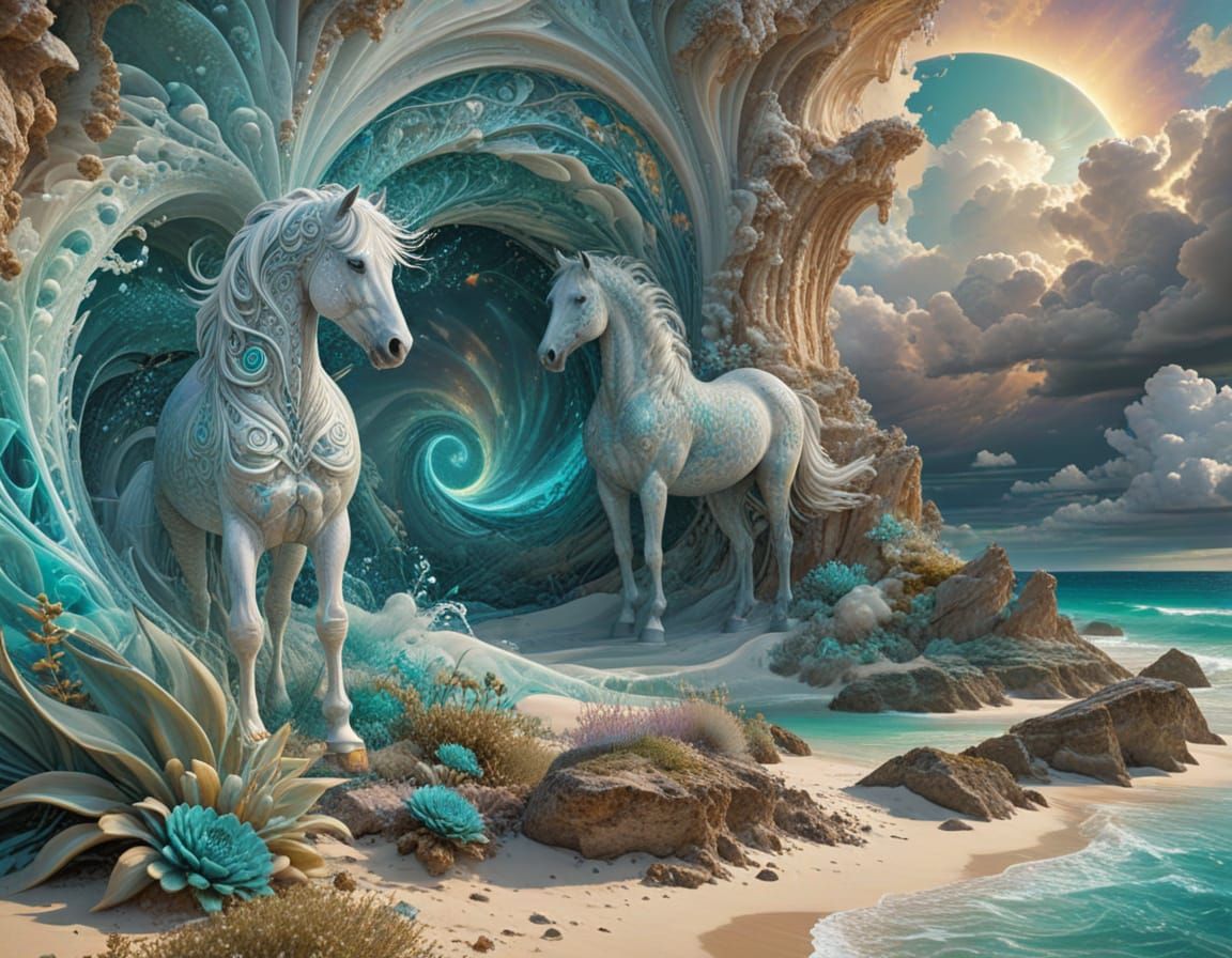 Ethereal White Horse Beyond the Cosmic Veil