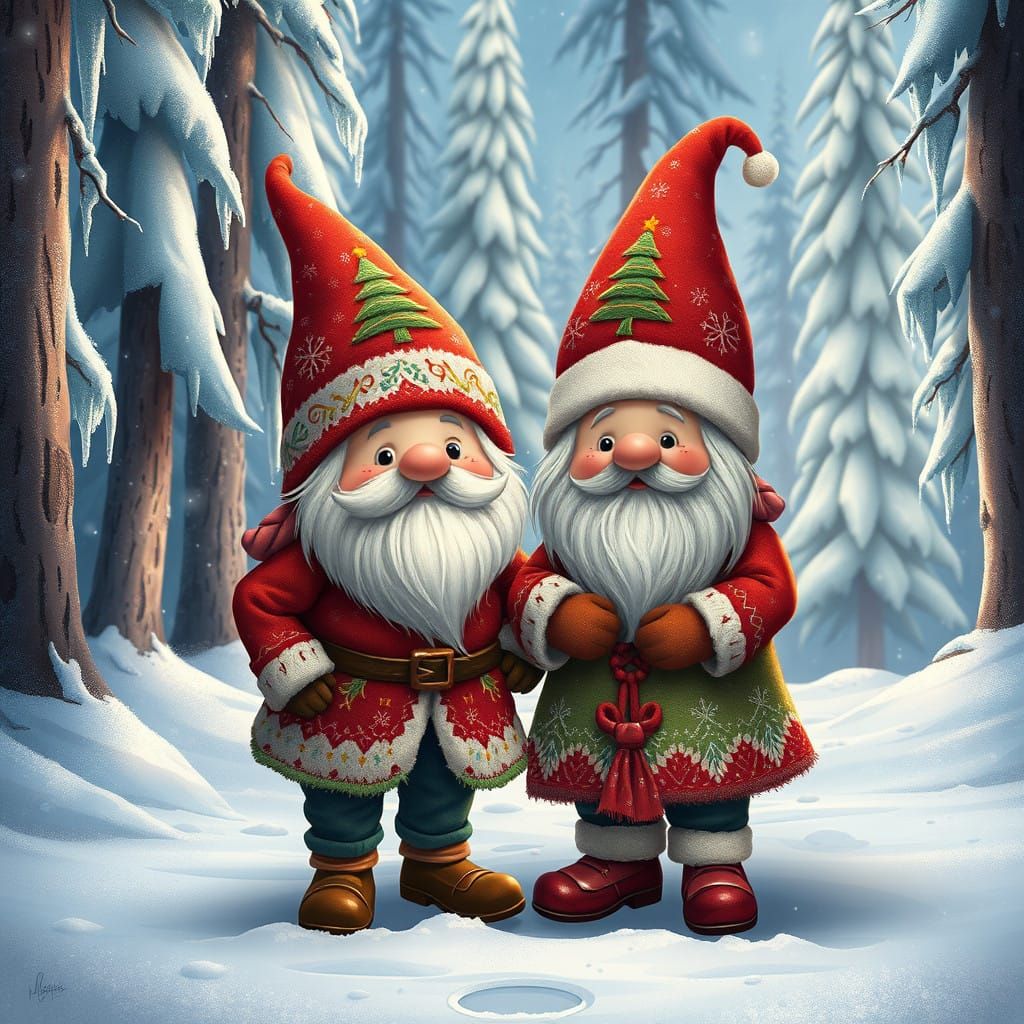 Whimsical Christmas Dwarves in Vibrant Snowy Scene