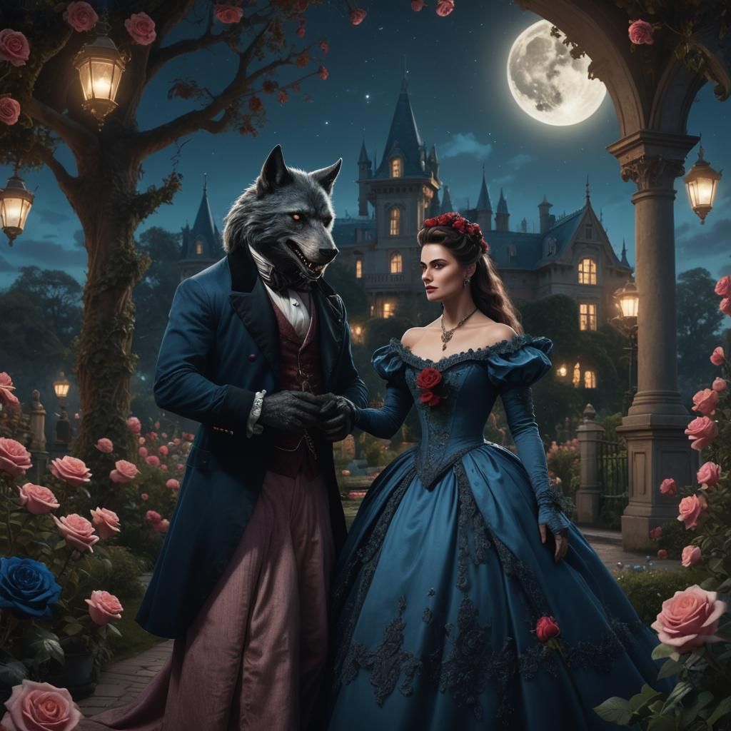 Werewolf and Victorian Lady in Rose Garden