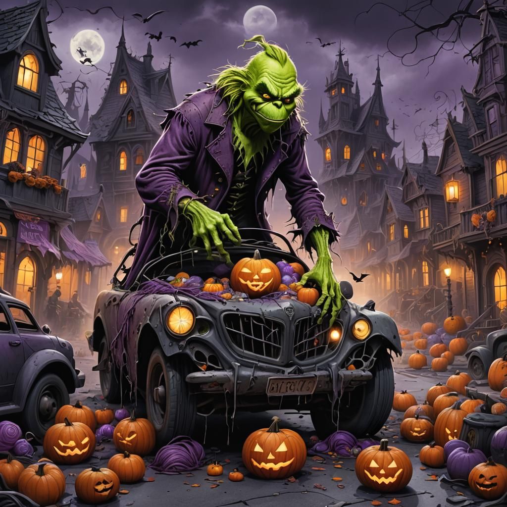 Grinch as Batman Steals Halloween: Dark Fantasy Art