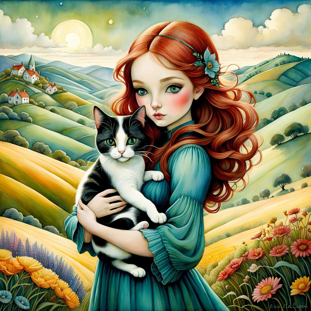 Girl Holding Cat in Watercolor Fantasy Landscape