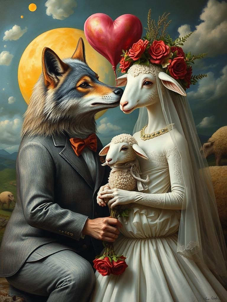 Wolf and Sheep Surreal Wedding Scene
