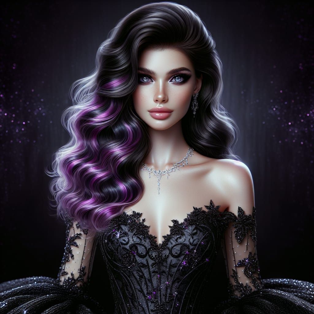 Elegant Caucasian Woman in Lavender Eyes and Wavy Black Hair...