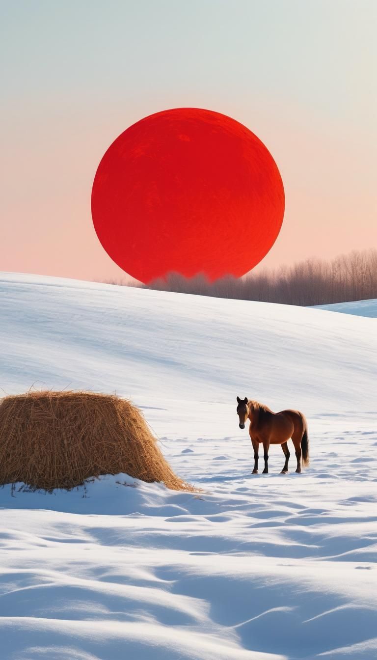 Serene Winter Wonder: Lonely Horse in Snowy Field
