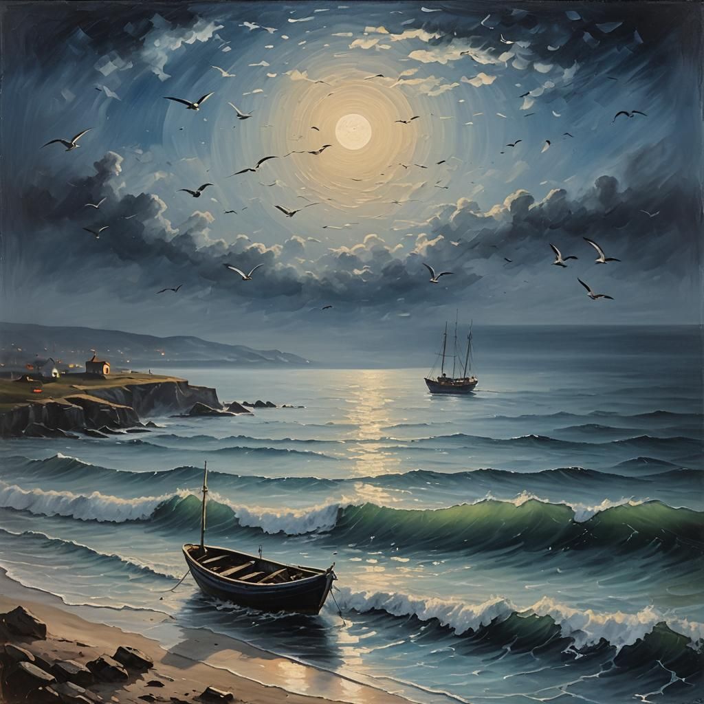 Misty Black Sea Oil Painting Under Moonlight