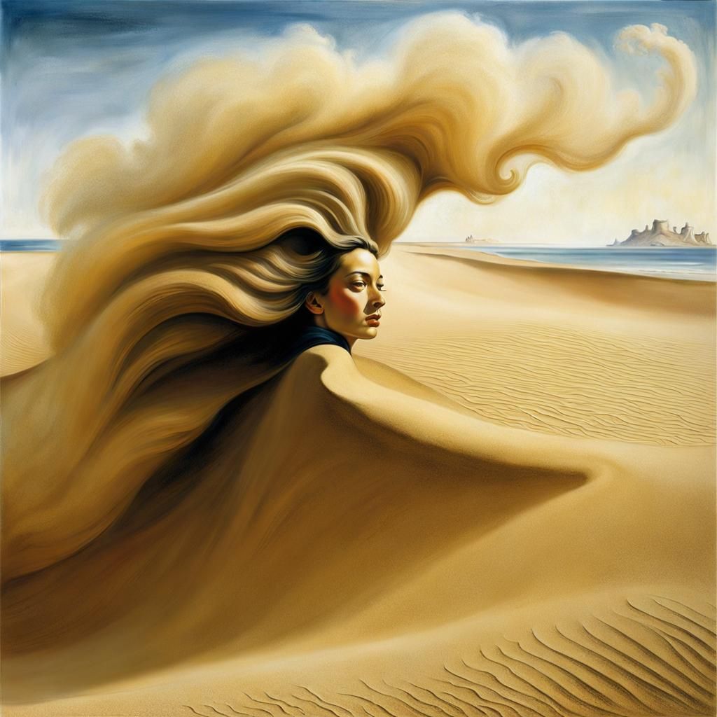 Surreal Sandstorm Woman Emerges on Beach
