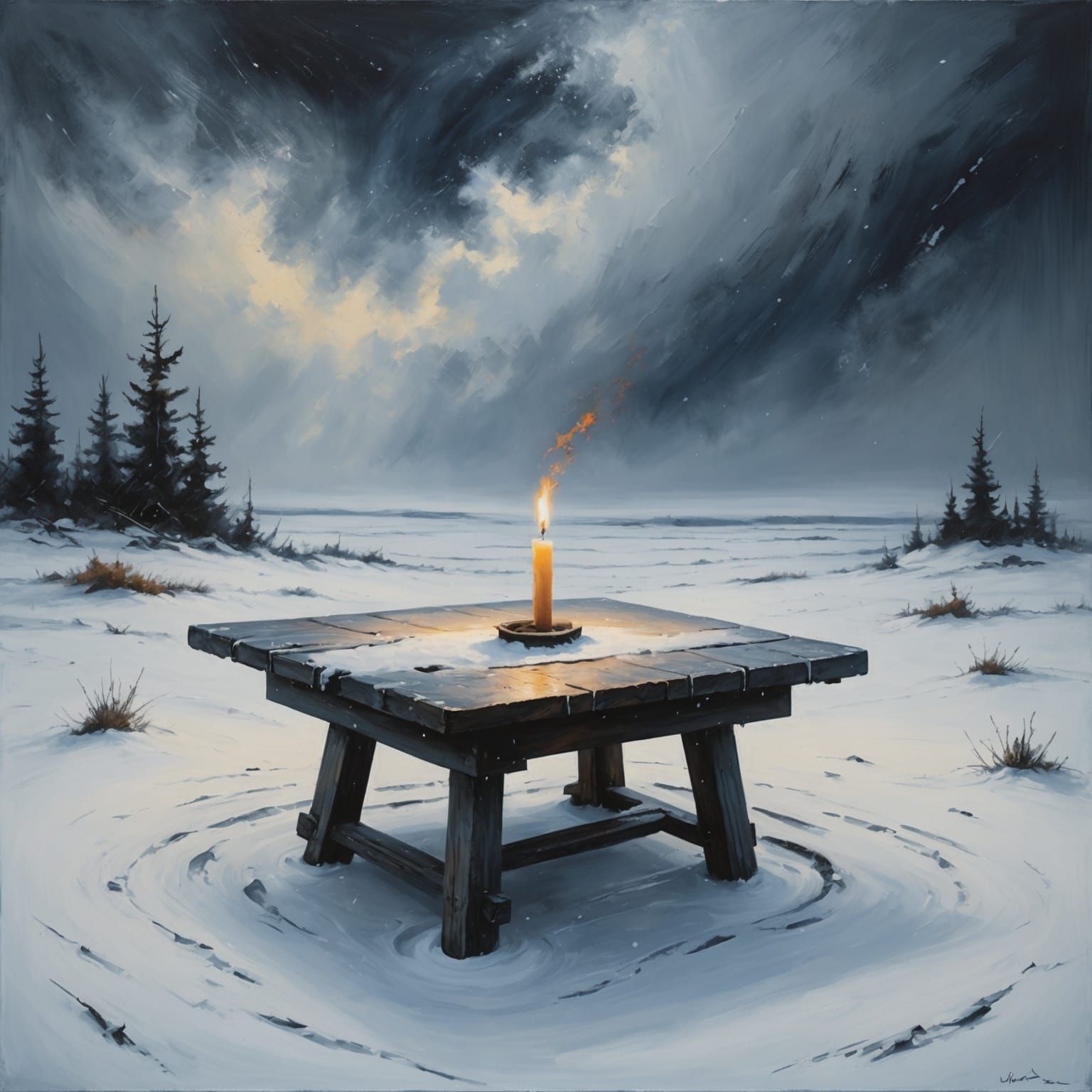 Blizzard Reveals Candle in Snowy Tundra Landscape