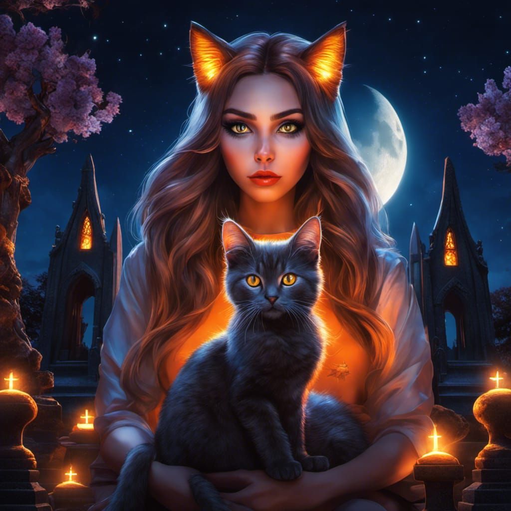 Hyperrealistic Catgirl in Graveyard with Kittens
