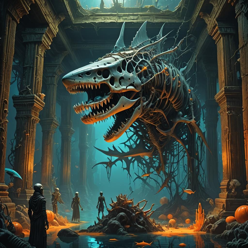 Surreal Shark Skeleton Feast in Haunted Temple